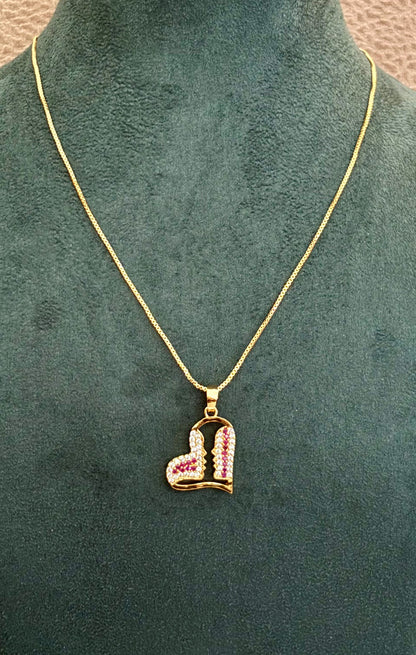 Gold-Plated Heart Pendant with Pink and White AD Stones