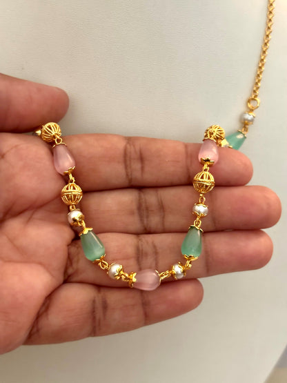 Necklace with Pastel Pink and Green Beads and Pearls