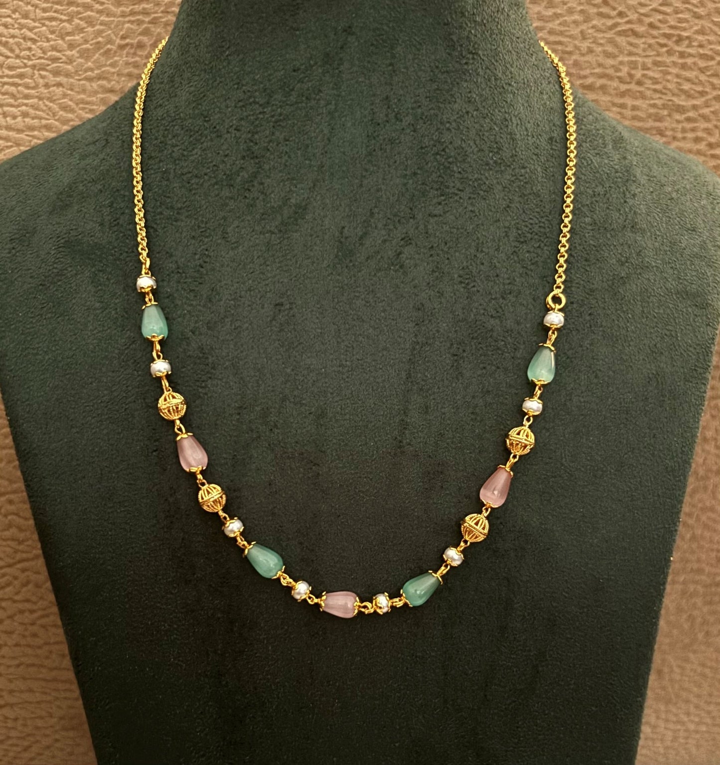 Necklace with Pastel Pink and Green Beads and Pearls
