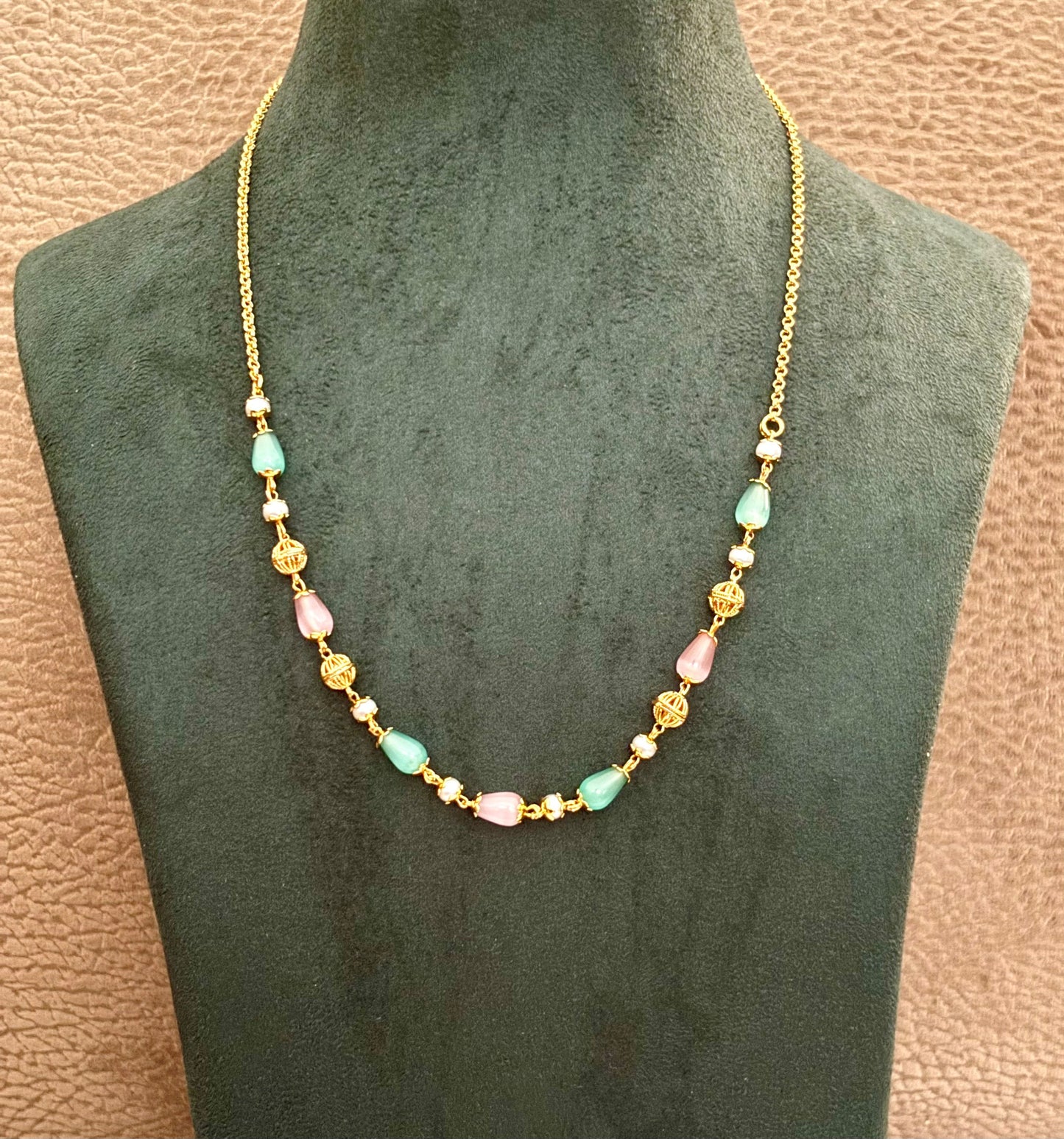 Necklace with Pastel Pink and Green Beads and Pearls