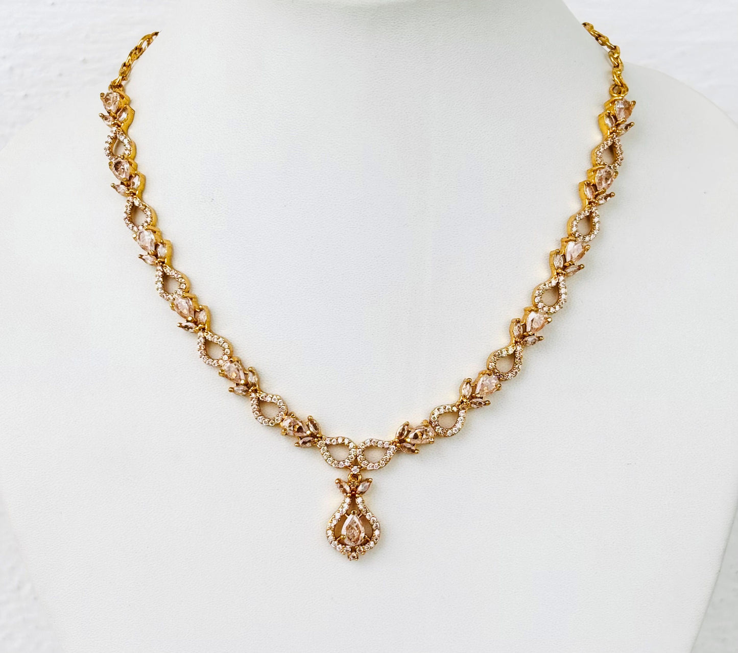 American Diamond Necklace Set with Earrings with Light Pink Stones