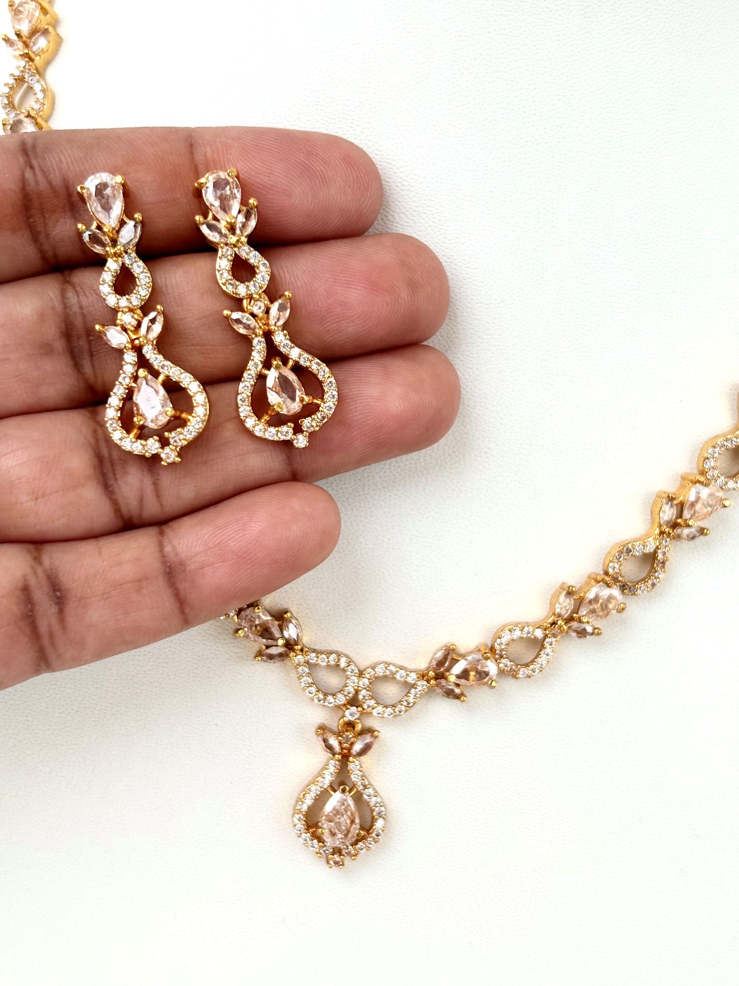 American Diamond Necklace Set with Earrings with Light Pink Stones