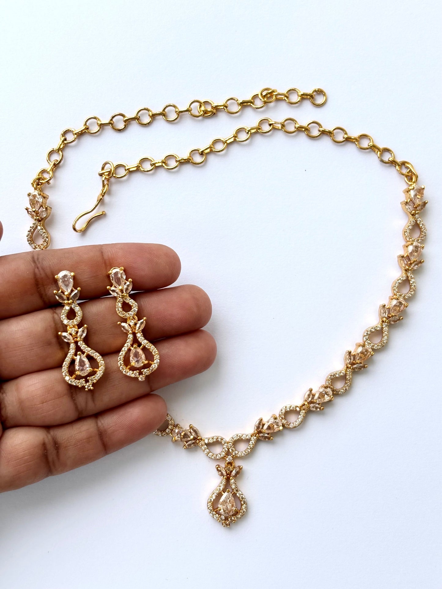 American Diamond Necklace Set with Earrings with Light Pink Stones