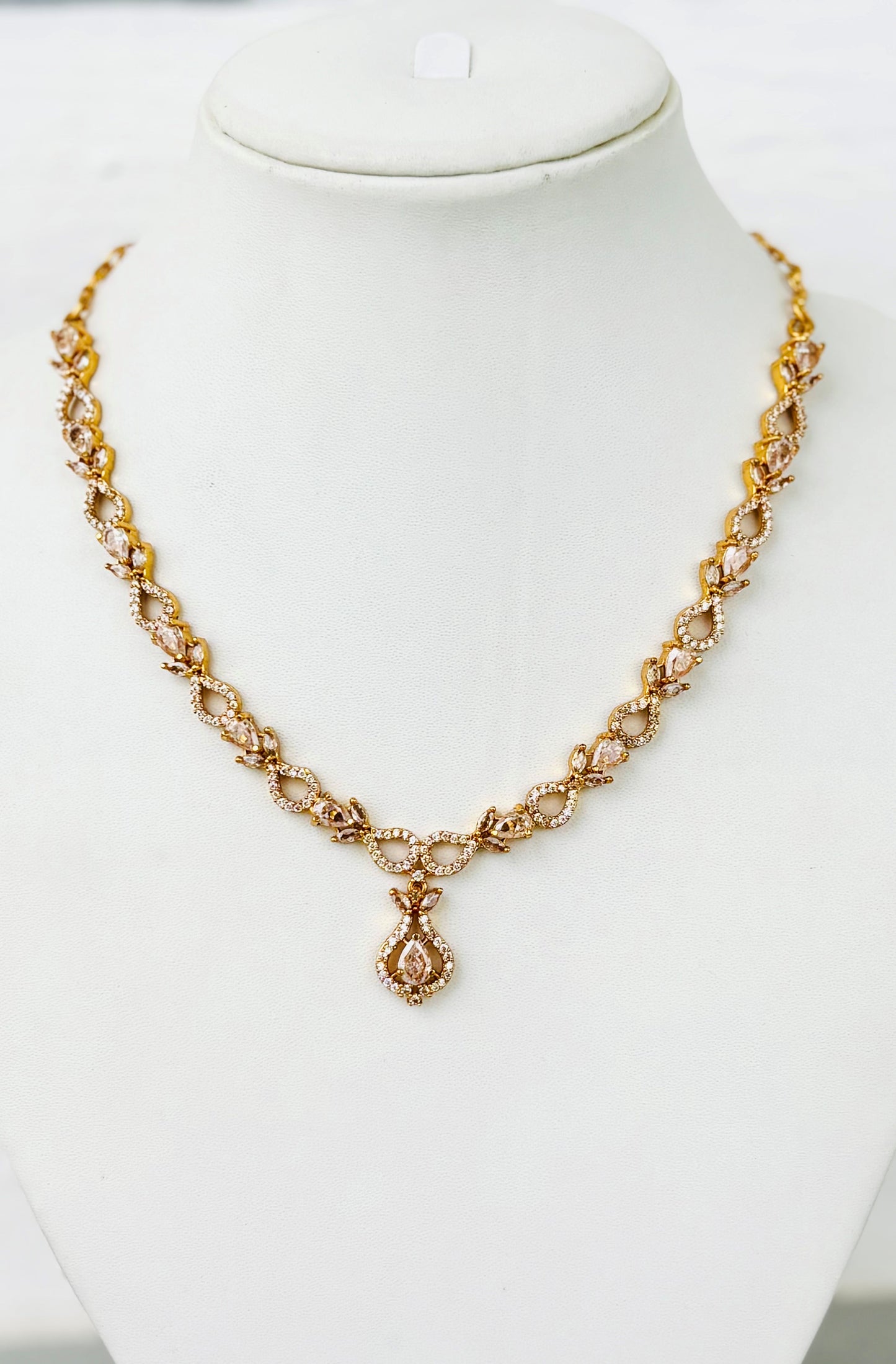 American Diamond Necklace Set with Earrings with Light Pink Stones