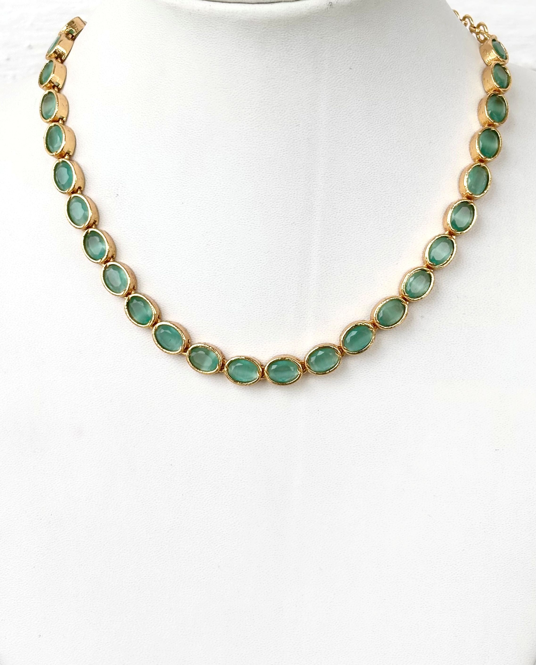 Gold Plated Mint Green Oval Stone Necklace Set with Earrings