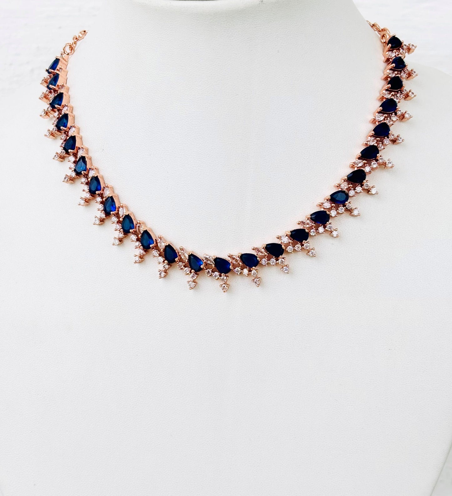 Rose Gold Plated Sapphire Blue AD Necklace Set