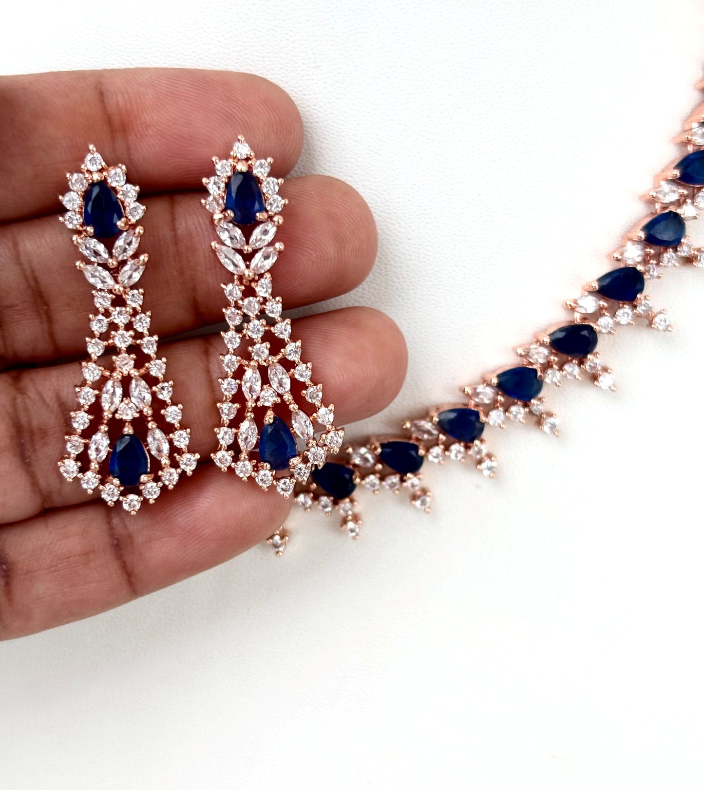 Rose Gold Plated Sapphire Blue AD Necklace Set
