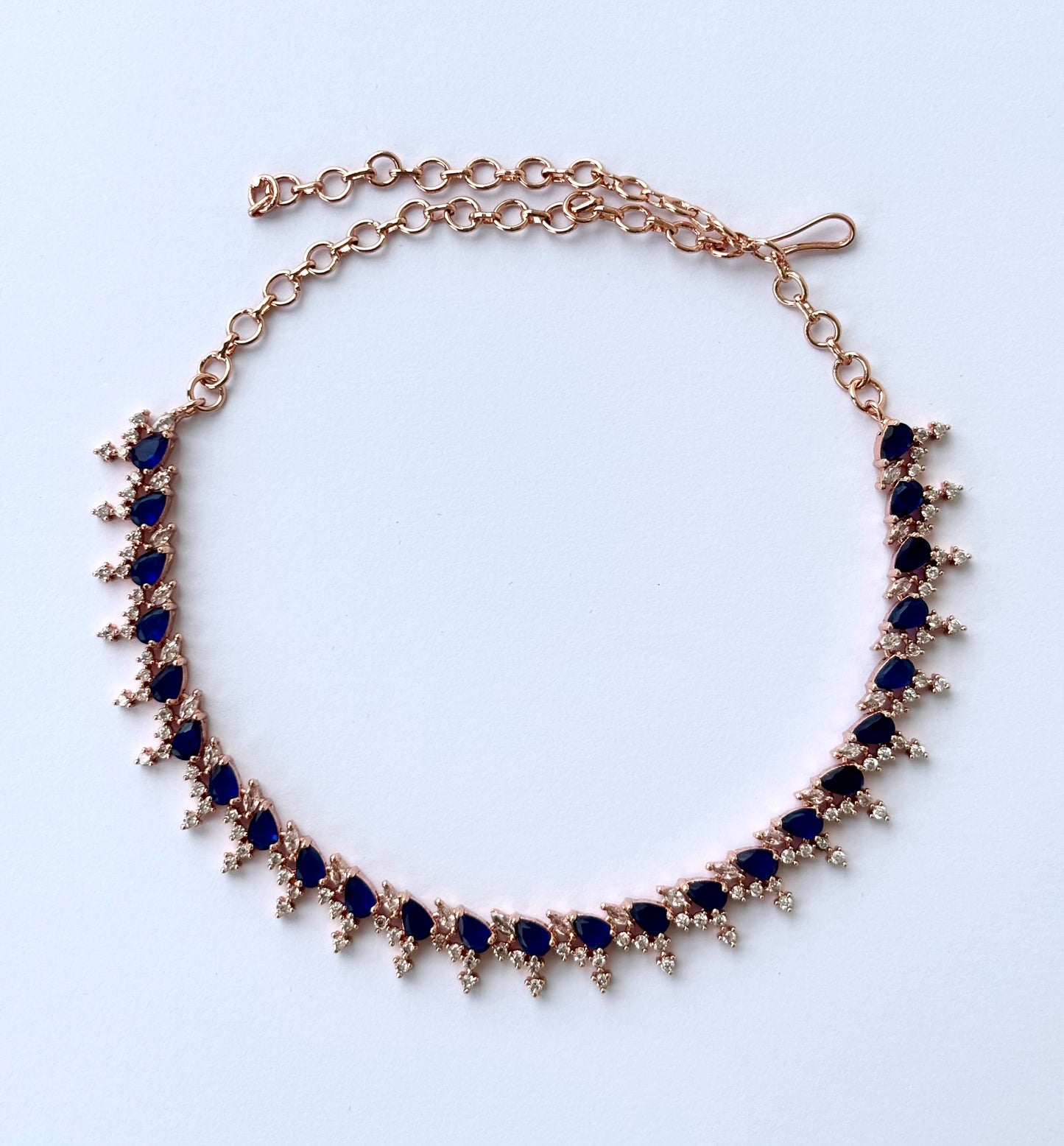 Rose Gold Plated Sapphire Blue AD Necklace Set