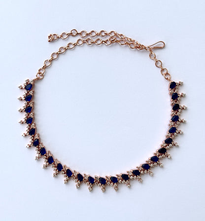Rose Gold Plated Sapphire Blue AD Necklace Set