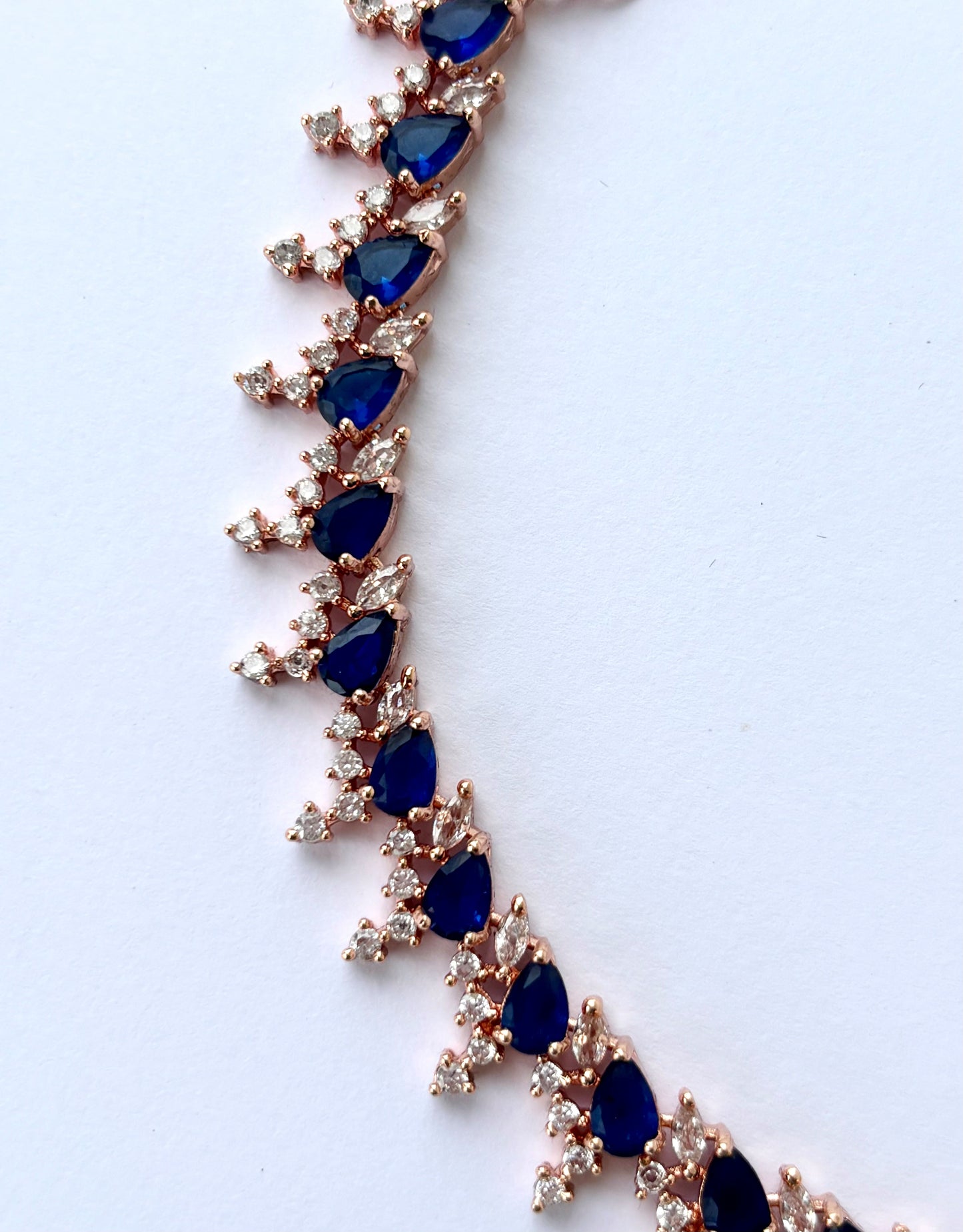Rose Gold Plated Sapphire Blue AD Necklace Set