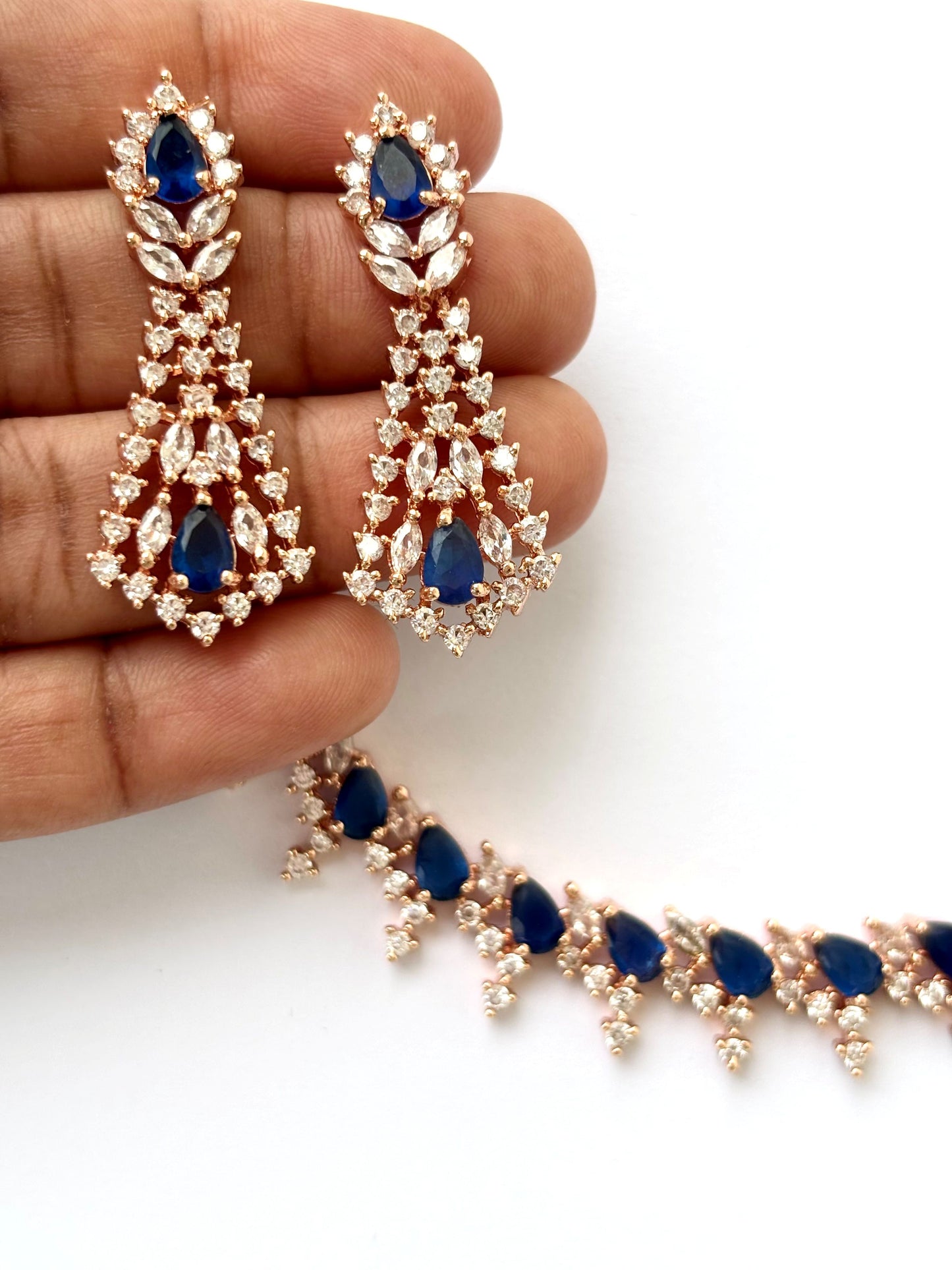 Rose Gold Plated Sapphire Blue AD Necklace Set