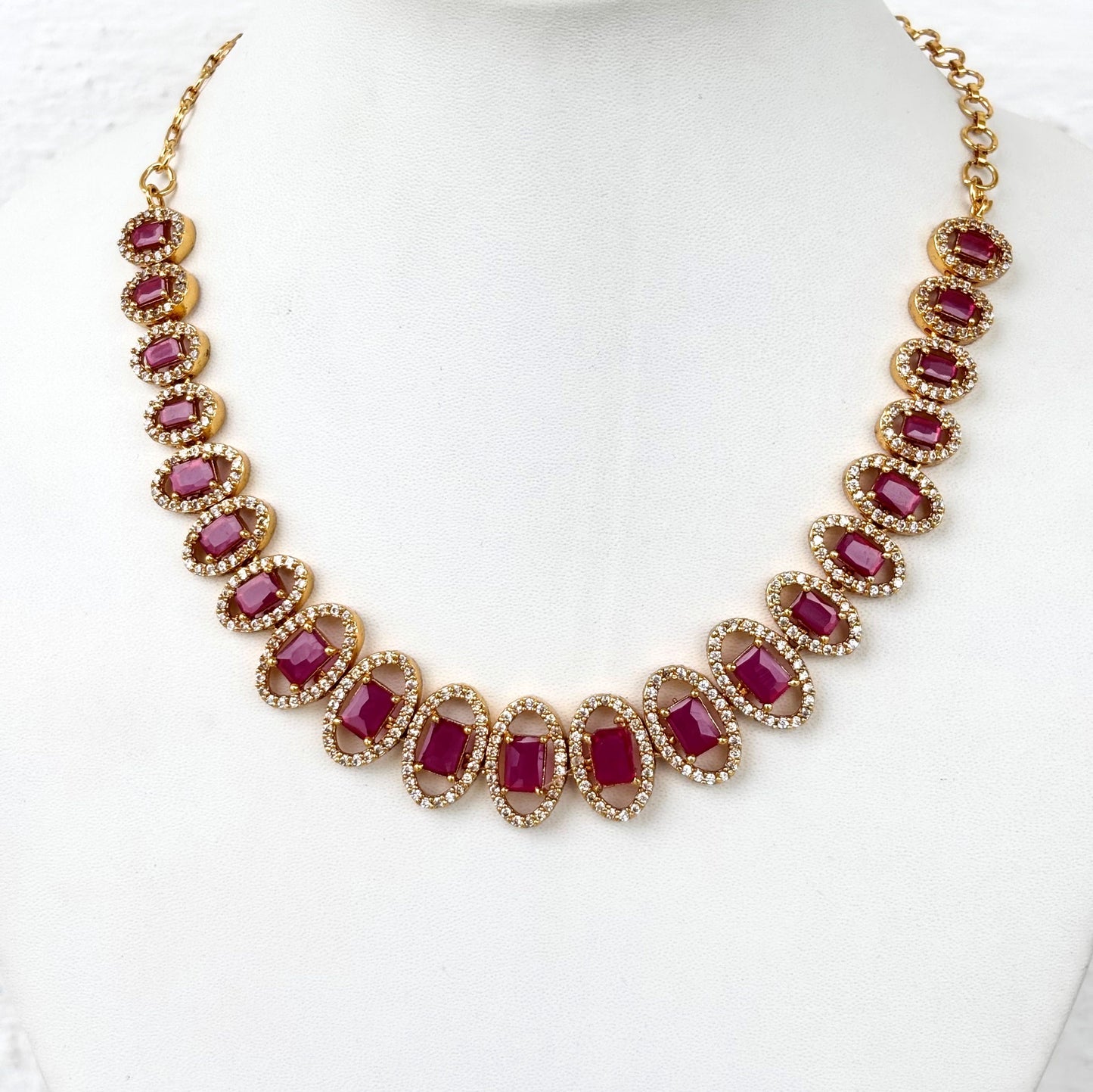 Gold Plated Ruby and AD Halo Necklace Set