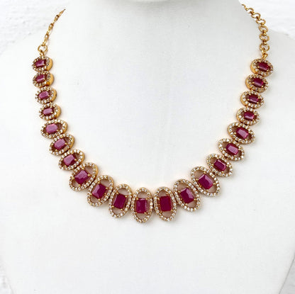 Gold Plated Ruby and AD Halo Necklace Set