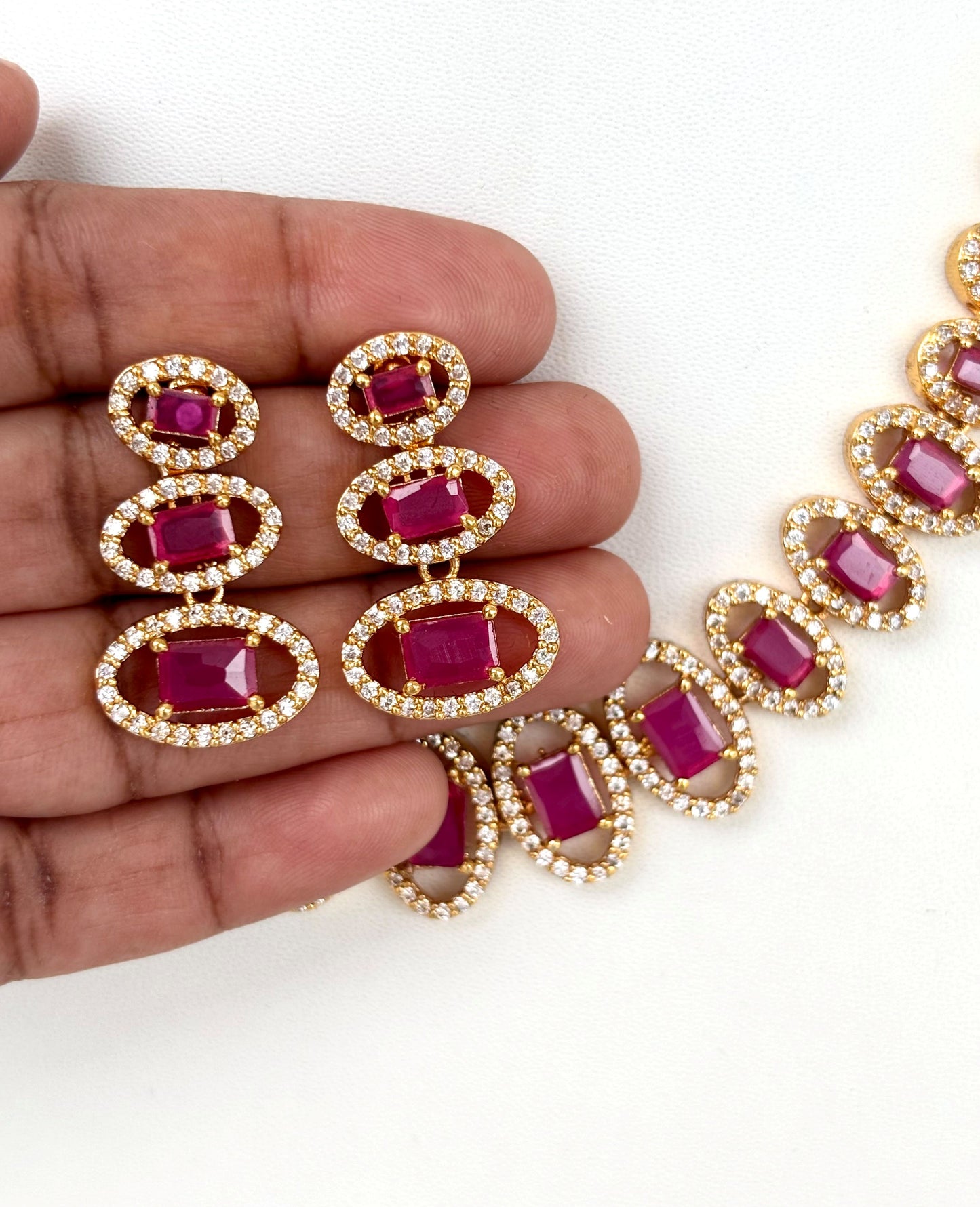 Gold Plated Ruby and AD Halo Necklace Set