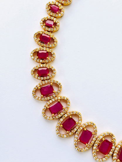 Gold Plated Ruby and AD Halo Necklace Set