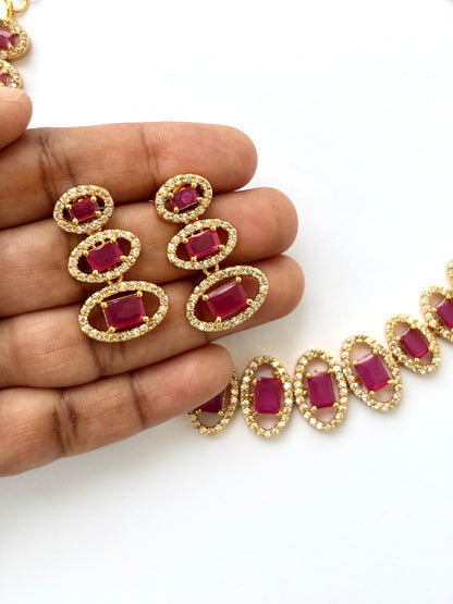 Gold Plated Ruby and AD Halo Necklace Set