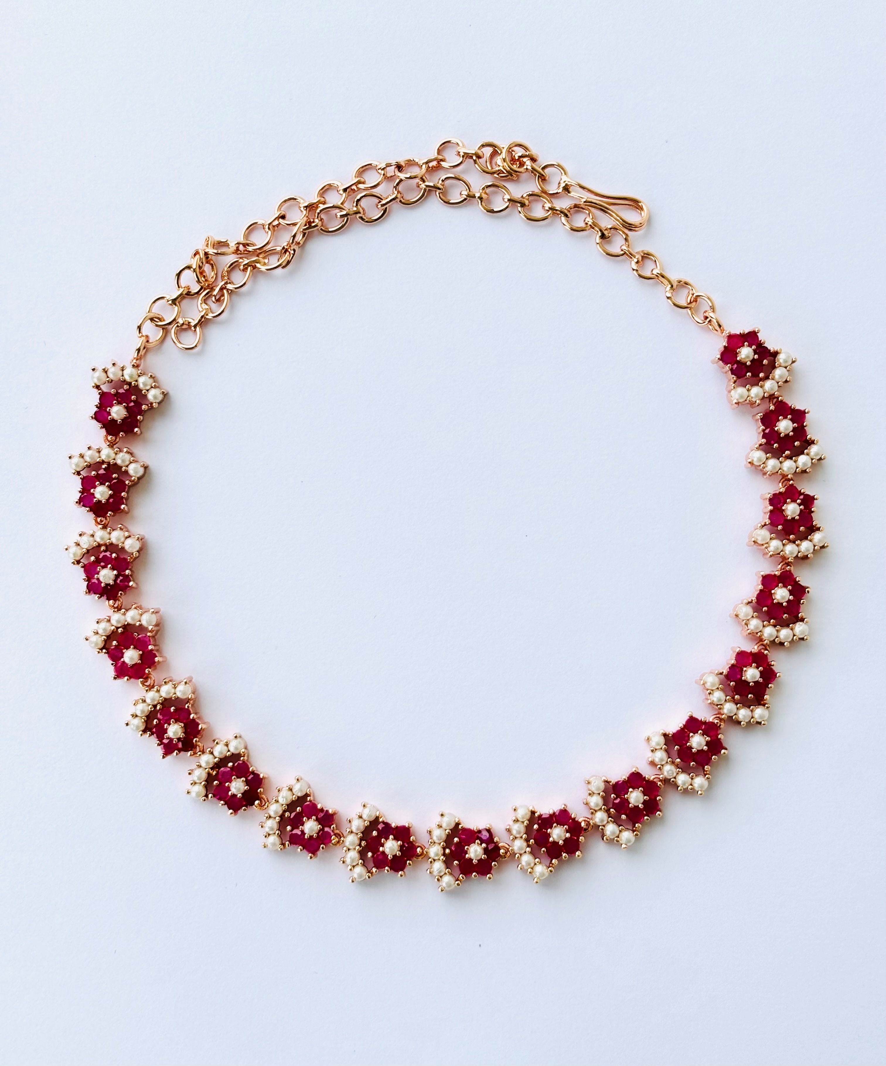 Rose Gold Plated Ruby and Pearl Floral Necklace Set