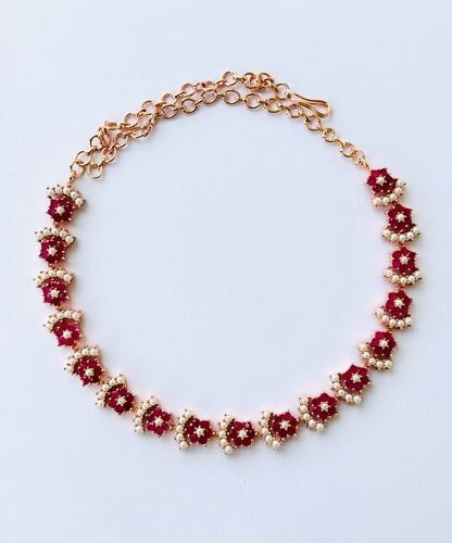Rose Gold Plated Ruby and Pearl Floral Necklace Set