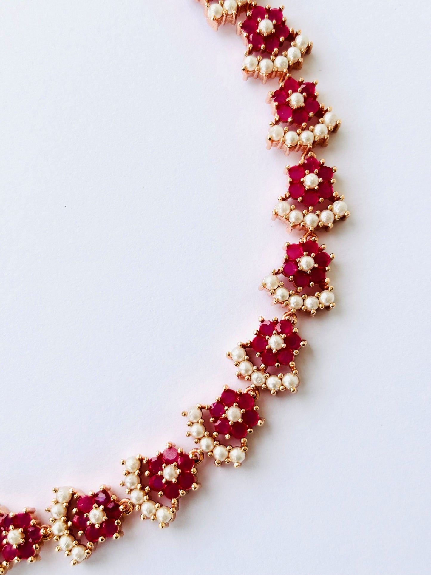 Rose Gold Plated Ruby and Pearl Floral Necklace Set