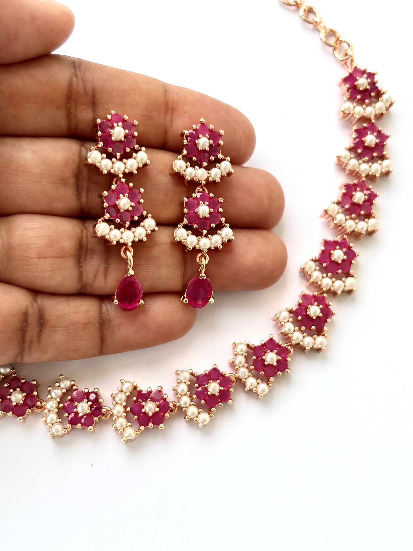 Rose Gold Plated Ruby and Pearl Floral Necklace Set