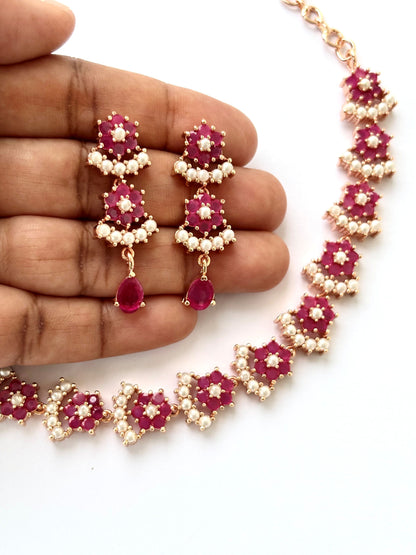Rose Gold Plated Ruby and Pearl Floral Necklace Set