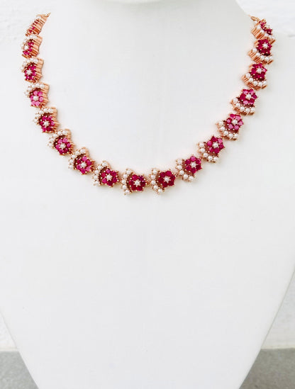 Rose Gold Plated Ruby and Pearl Floral Necklace Set