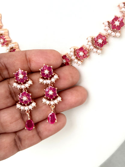 Rose Gold Plated Ruby and Pearl Floral Necklace Set