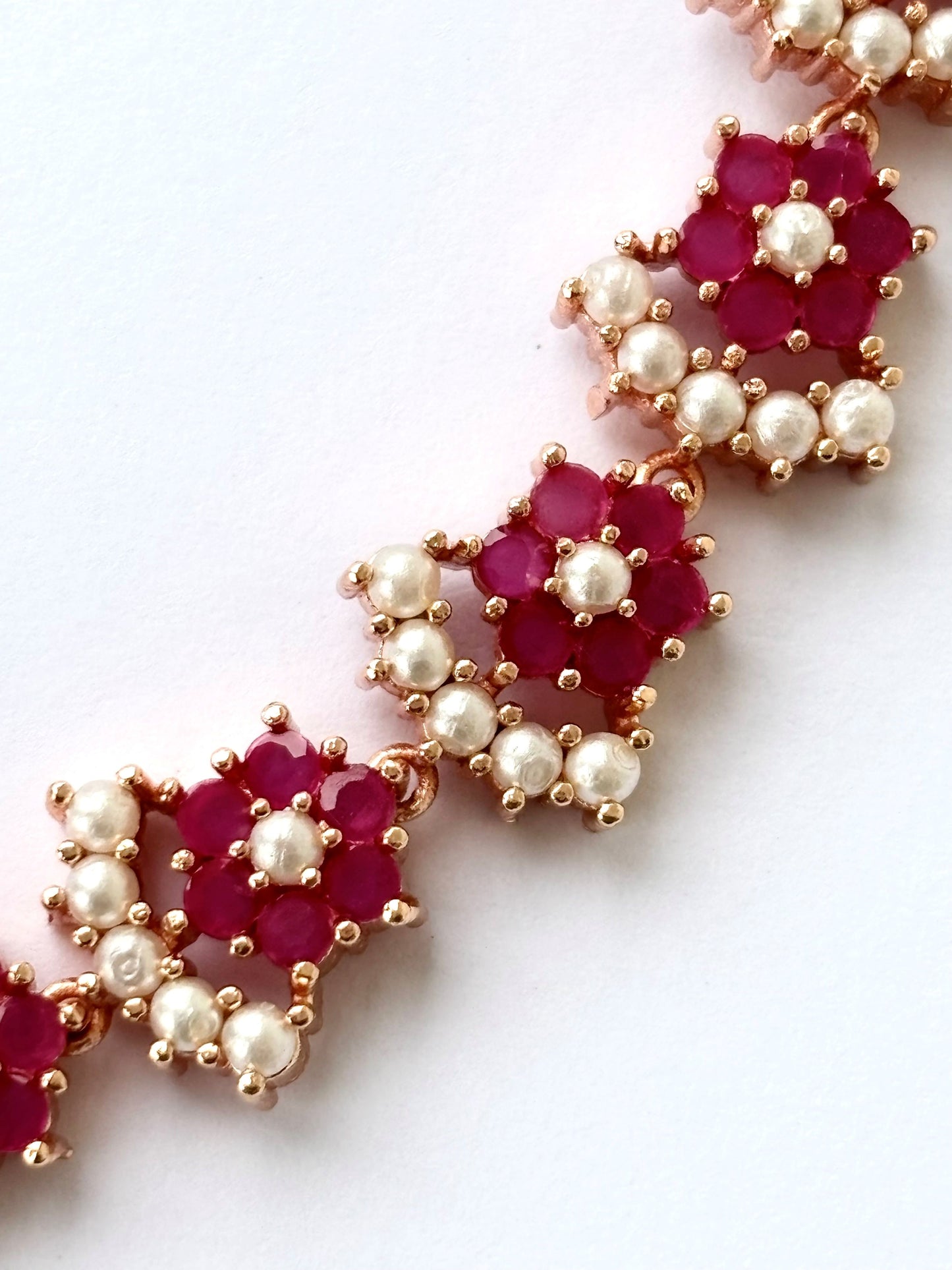Rose Gold Plated Ruby and Pearl Floral Necklace Set