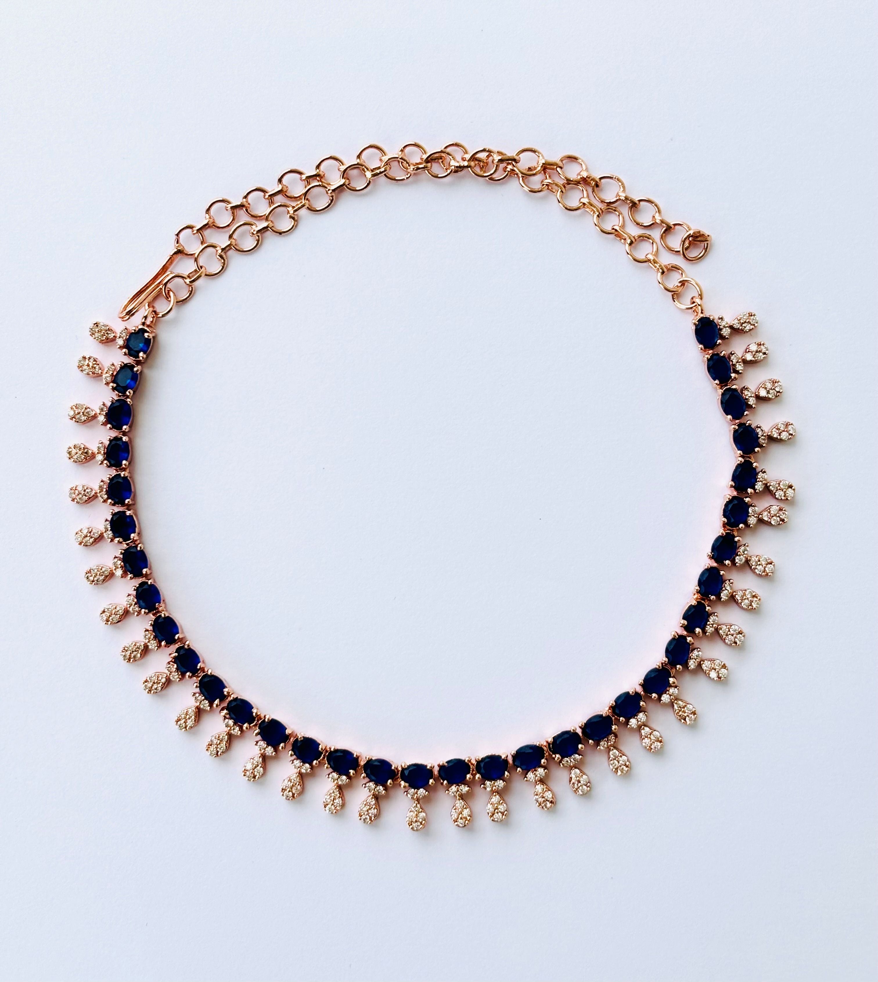 Rose Gold Plated Sapphire Blue AD Stone Necklace Set