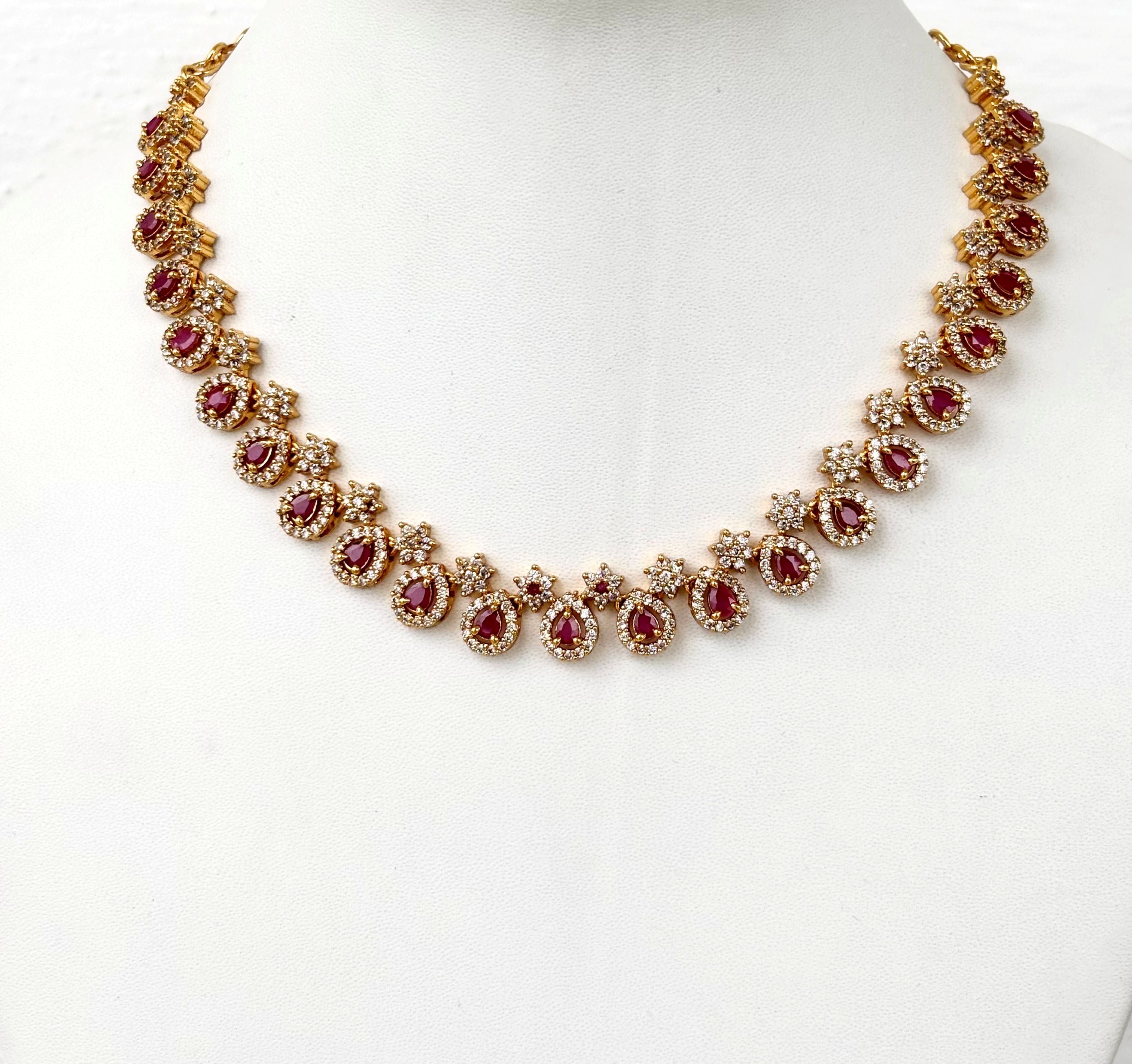 Gold Plated Ruby and AD Teardrop Necklace Set