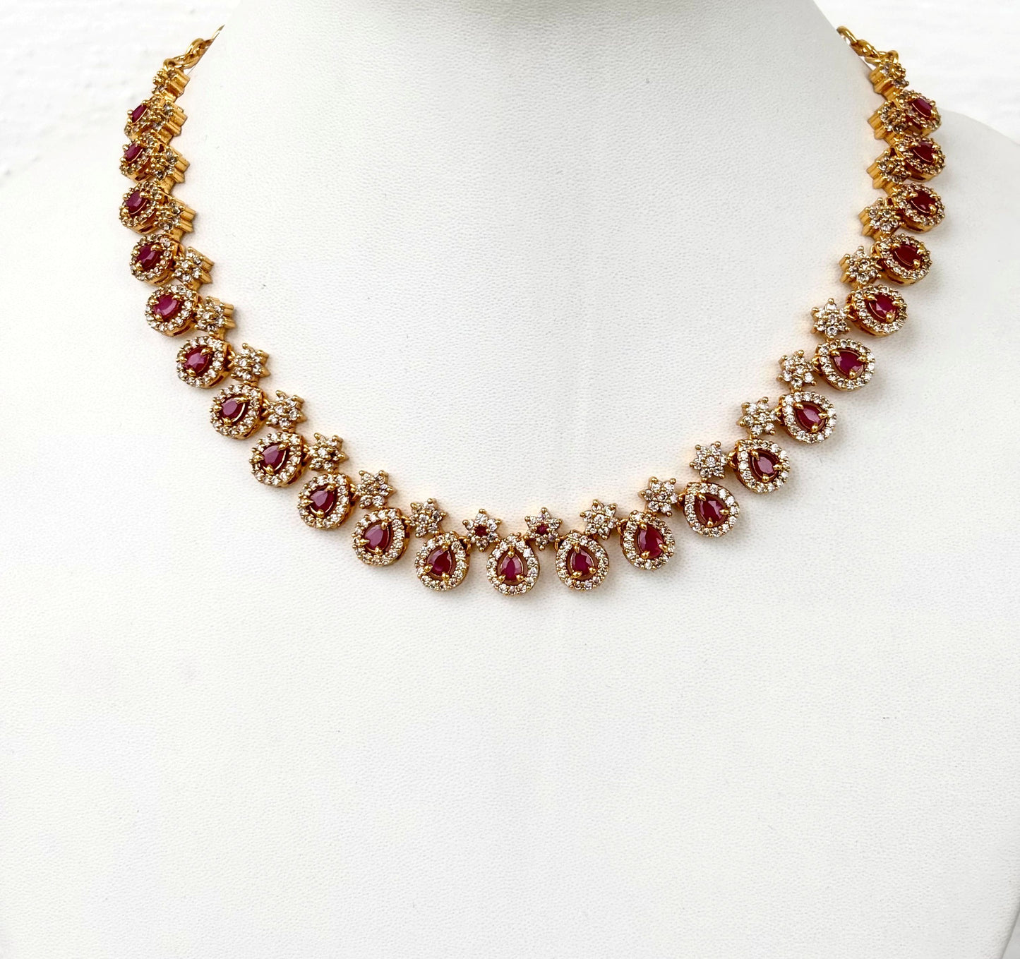 Gold Plated Ruby and AD Teardrop Necklace Set