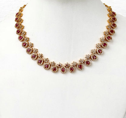 Gold Plated Ruby and AD Teardrop Necklace Set