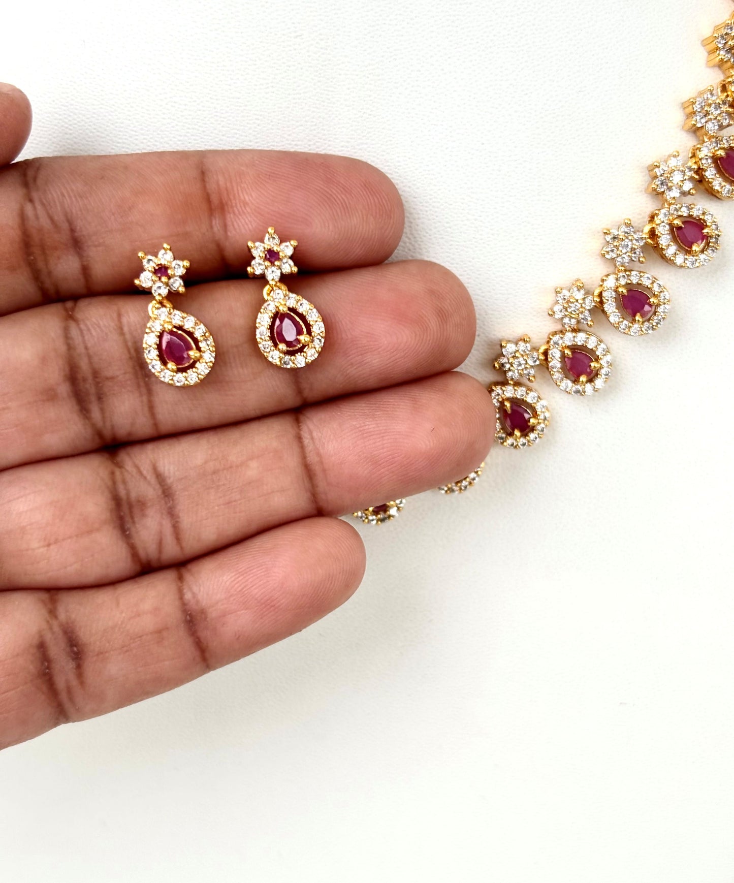 Gold Plated Ruby and AD Teardrop Necklace Set