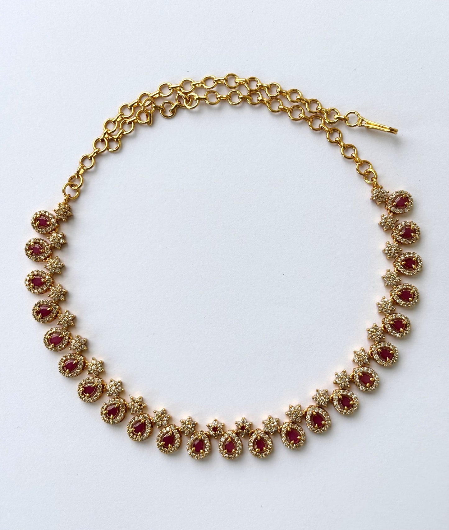 Gold Plated Ruby and AD Teardrop Necklace Set