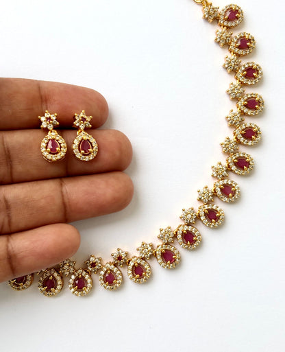 Gold Plated Ruby and AD Teardrop Necklace Set
