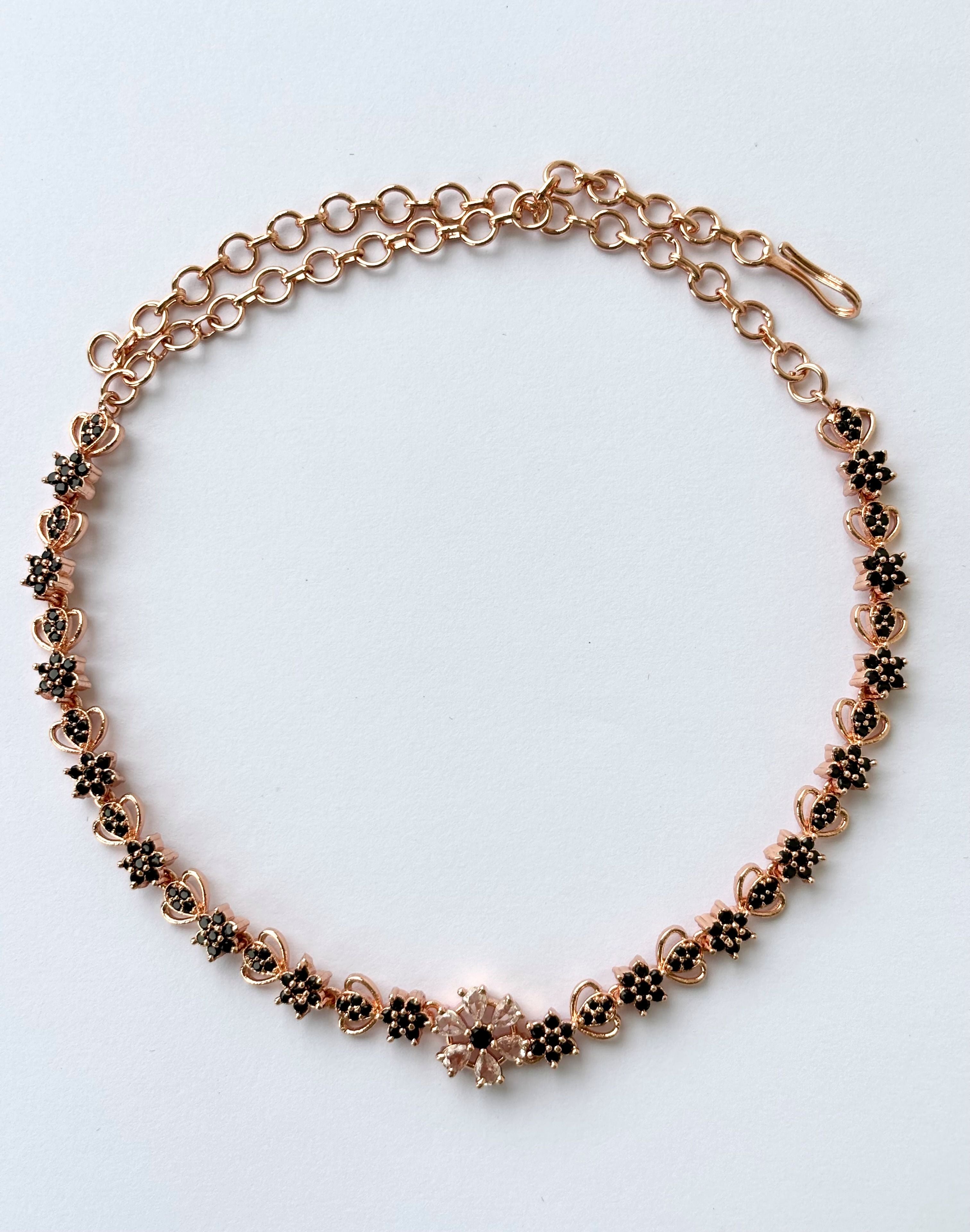 Rose Gold Plated Black and Pink AD Stone Floral Necklace