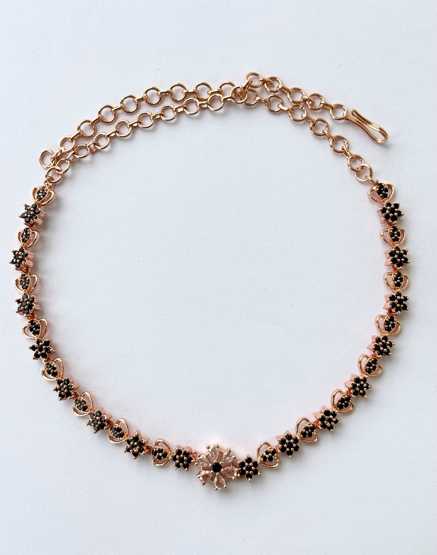Rose Gold Plated Black and Pink AD Stone Floral Necklace