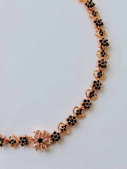 Rose Gold Plated Black and Pink AD Stone Floral Necklace