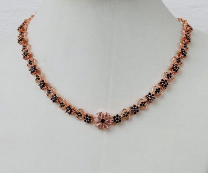 Rose Gold Plated Black and Pink AD Stone Floral Necklace