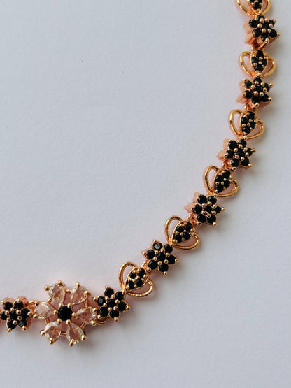 Rose Gold Plated Black and Pink AD Stone Floral Necklace