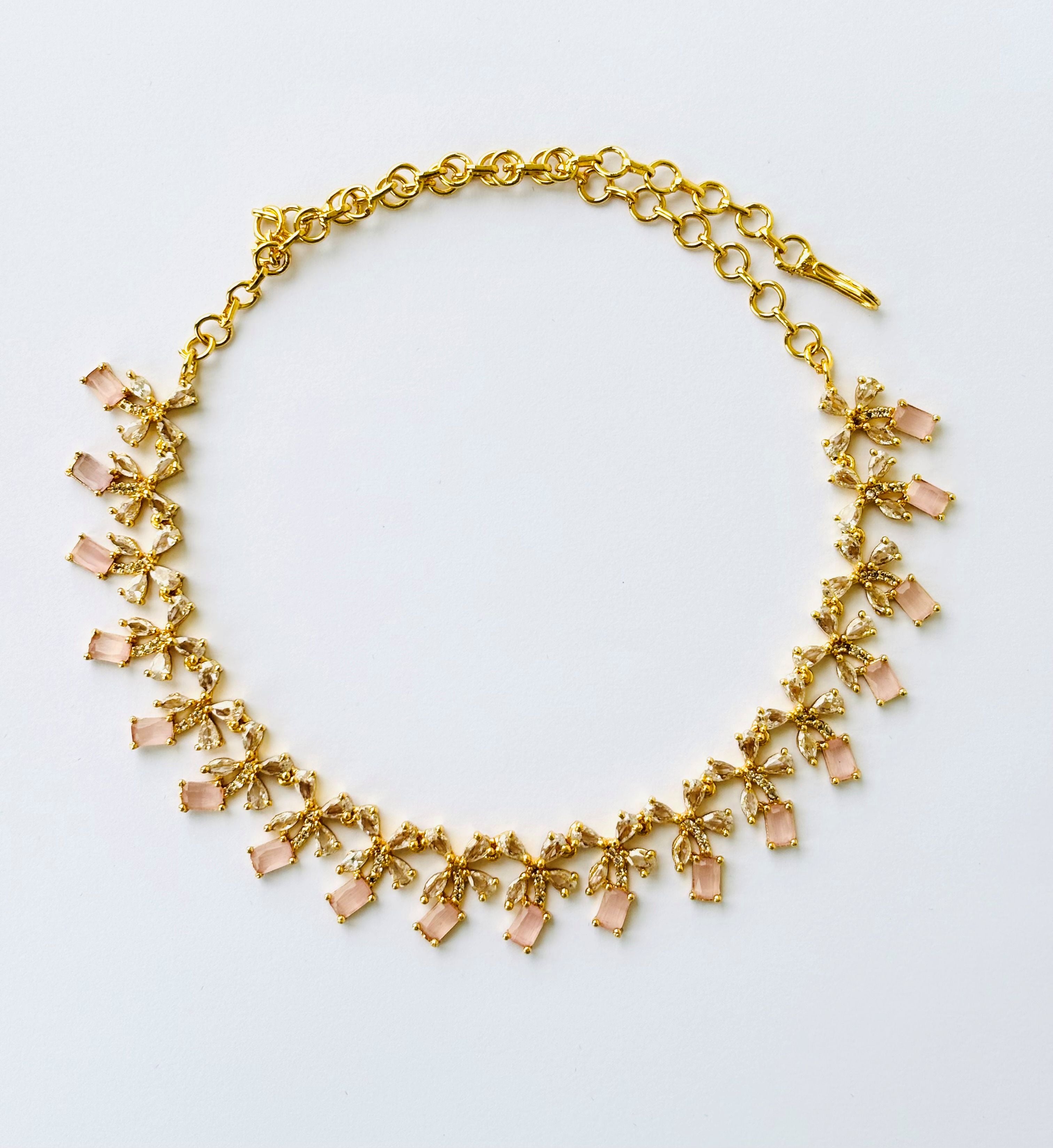 Gold Plated Pastel Pink AD Floral Necklace