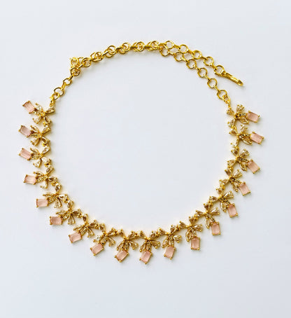Gold Plated Pastel Pink AD Floral Necklace