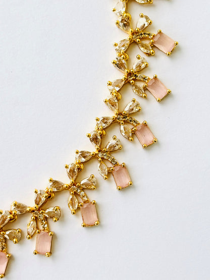 Gold Plated Pastel Pink AD Floral Necklace