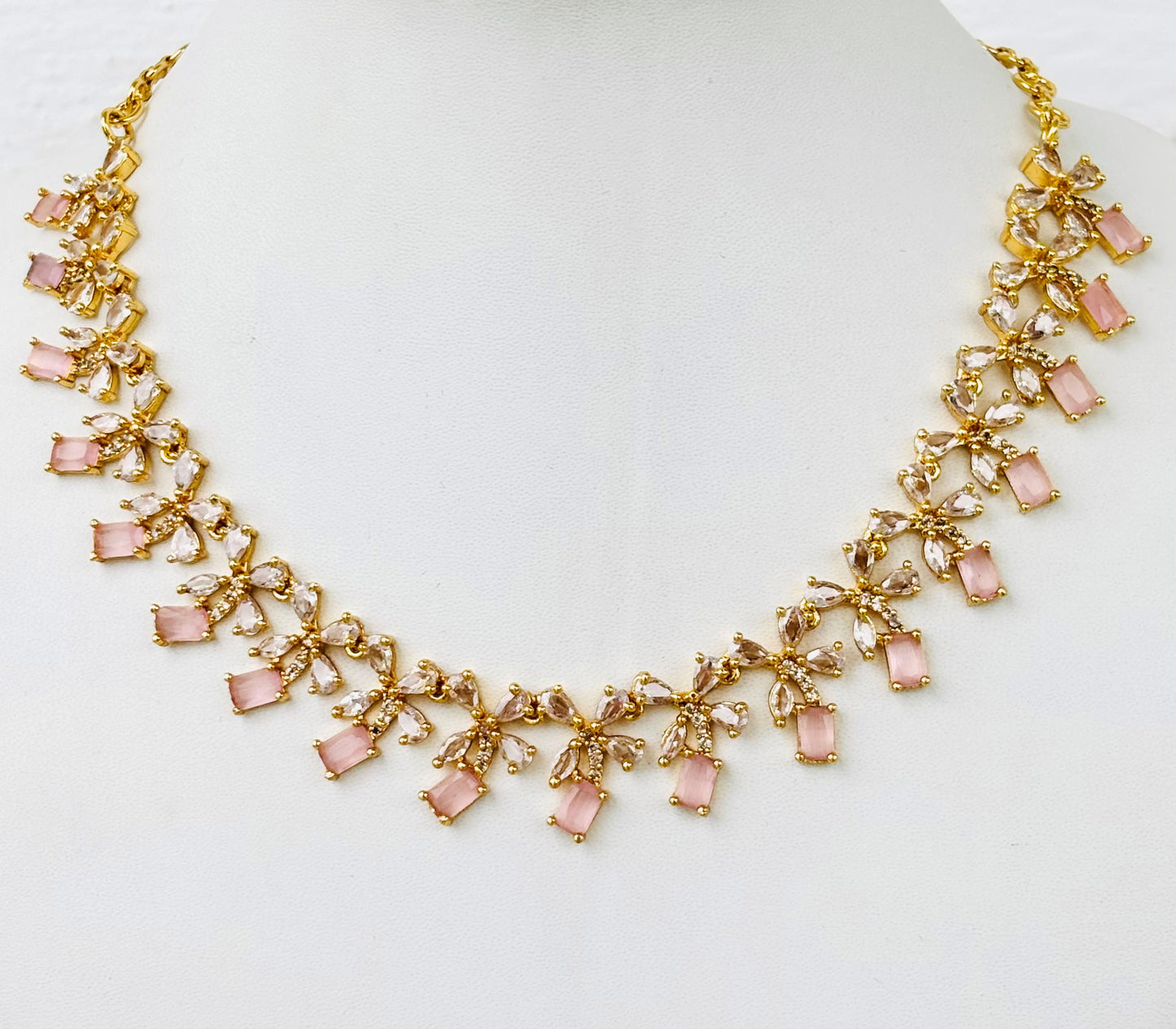 Gold Plated Pastel Pink AD Floral Necklace