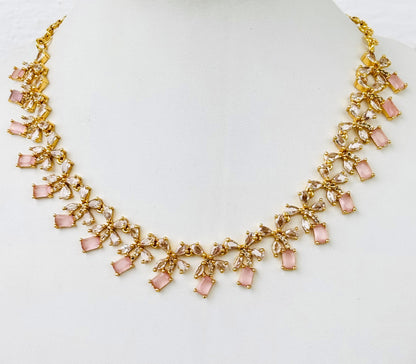 Gold Plated Pastel Pink AD Floral Necklace