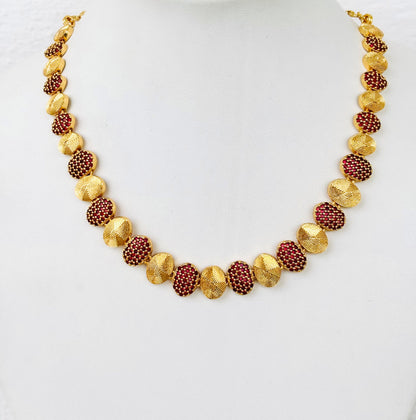 Gold Plated Ruby Pave and Textured Bead Necklace