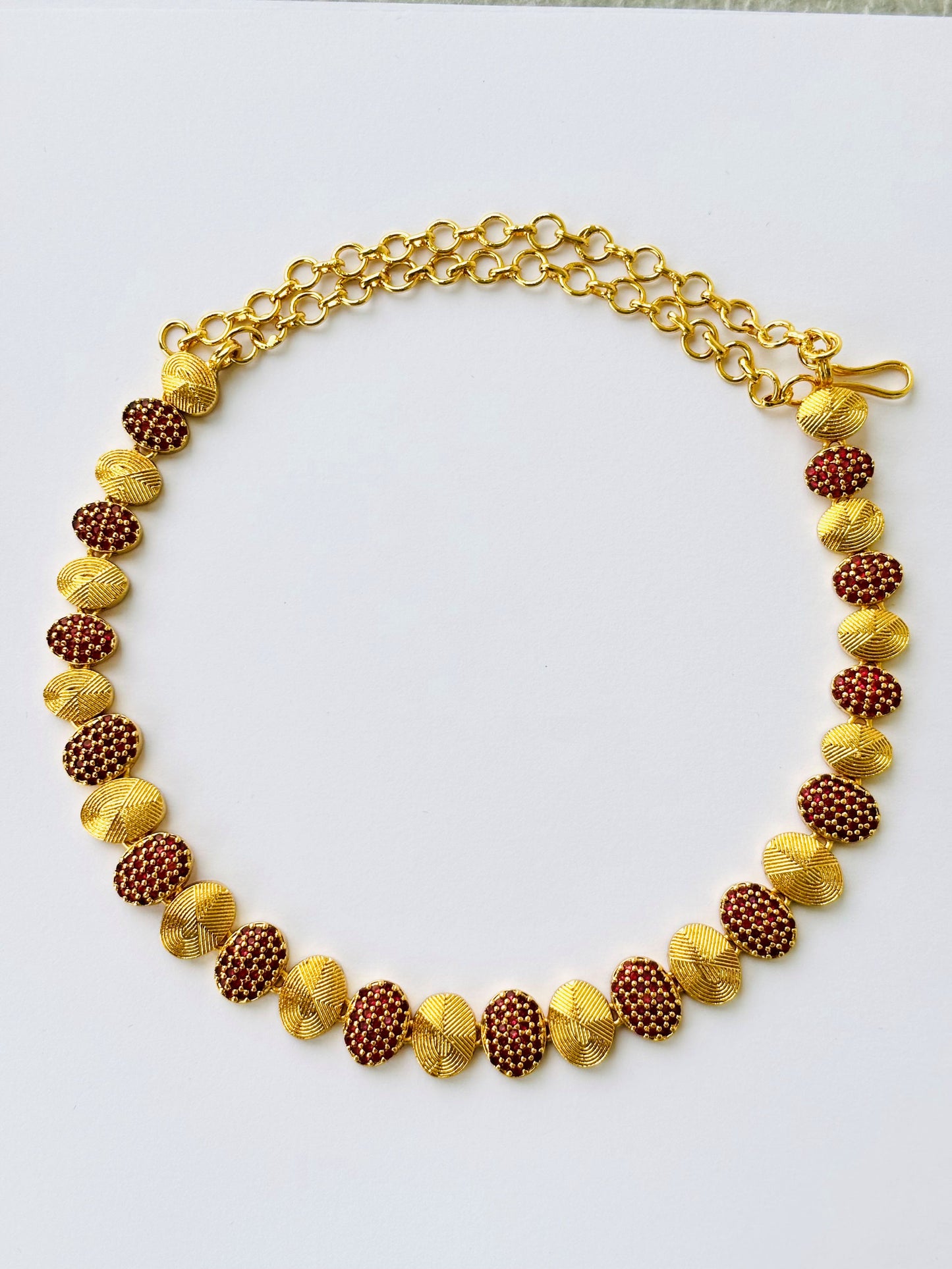 Gold Plated Ruby Pave and Textured Bead Necklace