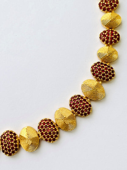 Gold Plated Ruby Pave and Textured Bead Necklace