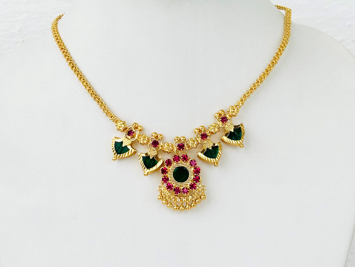 Gold Plated Ruby and Emerald Palakka Style Necklace