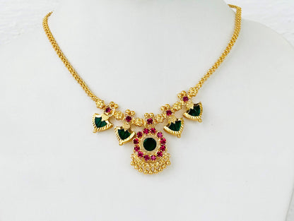Gold Plated Ruby and Emerald Palakka Style Necklace